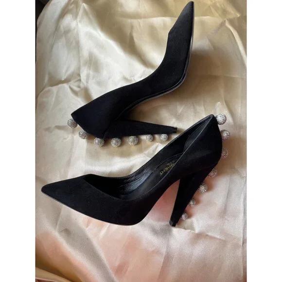 Saint Laurent Crystal Embellishments Suede Heels Pumps Black Size 36 - Picture 4 of 10
